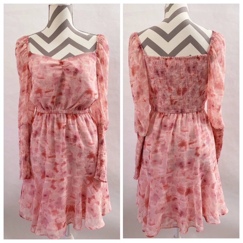 NWT Bar III Womens Floral Print Smocked Sweetheart Neck Mini Dress-Size:Small